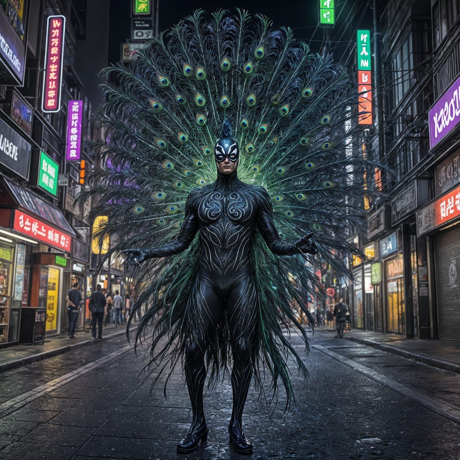 Peacock-Venom Hybrid Struts Through Cyberpunk Tokyo