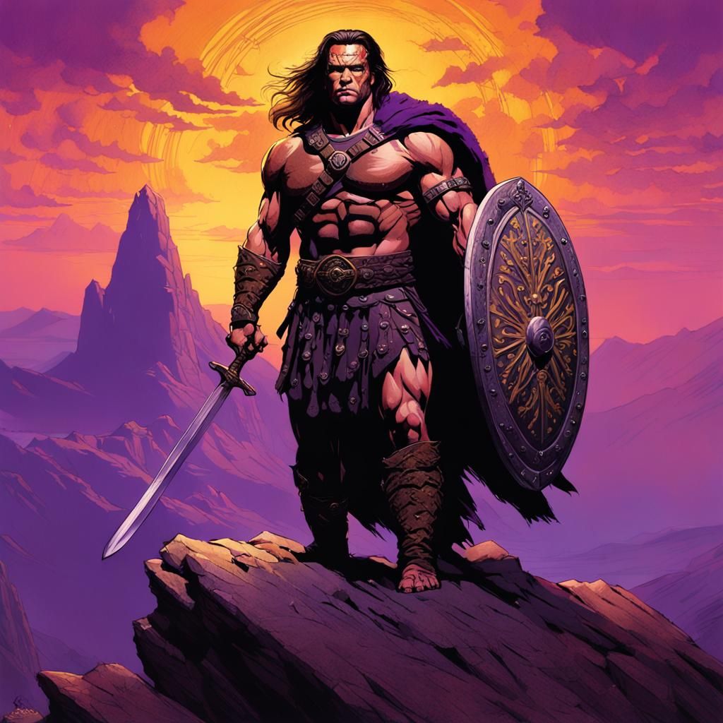 Conan the Barbarian on Mountain Peak in Dark Fantasy Style