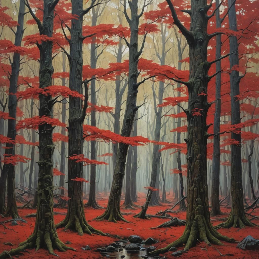 Crimson Forest Vista as Oil Painting