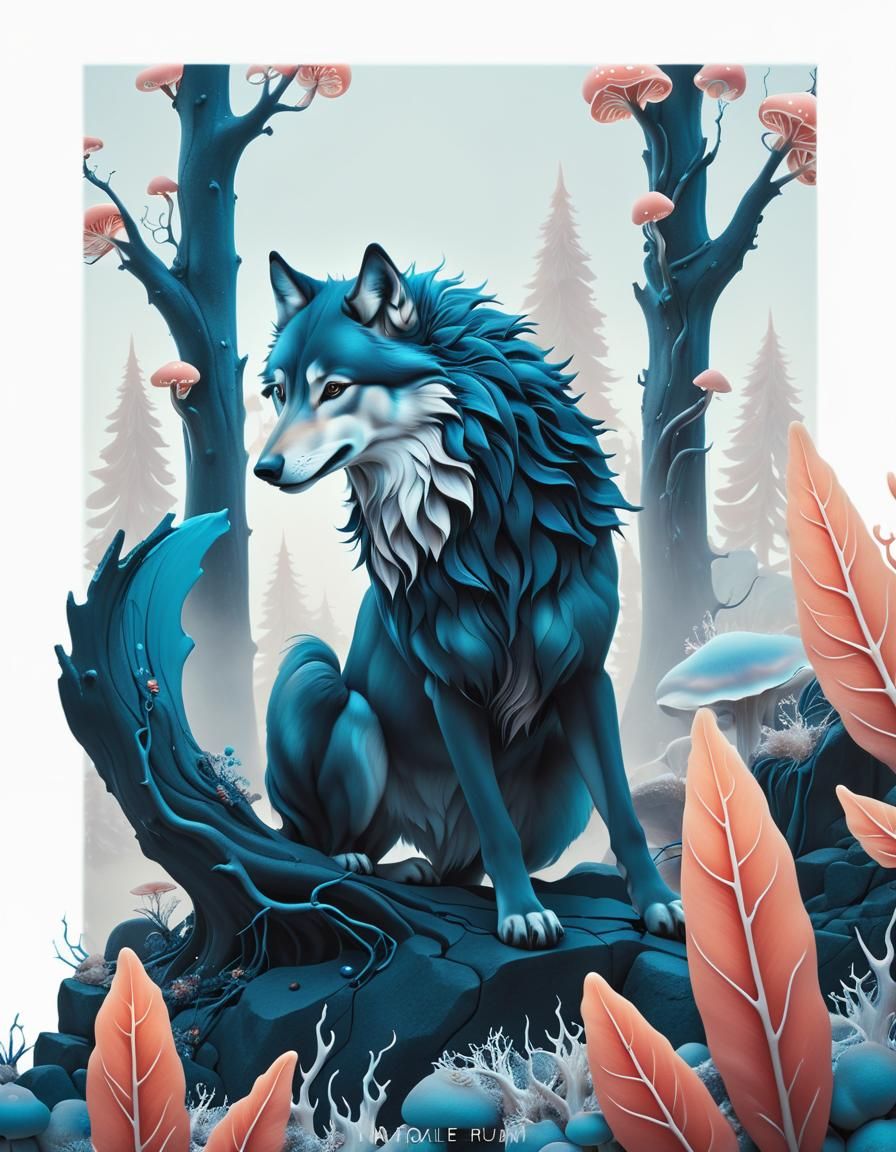 Surreal Wolf Amidst Glowing Flora in Dreamscape