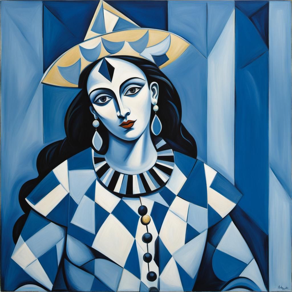 Harlequin in Picasso's Blue Period Style