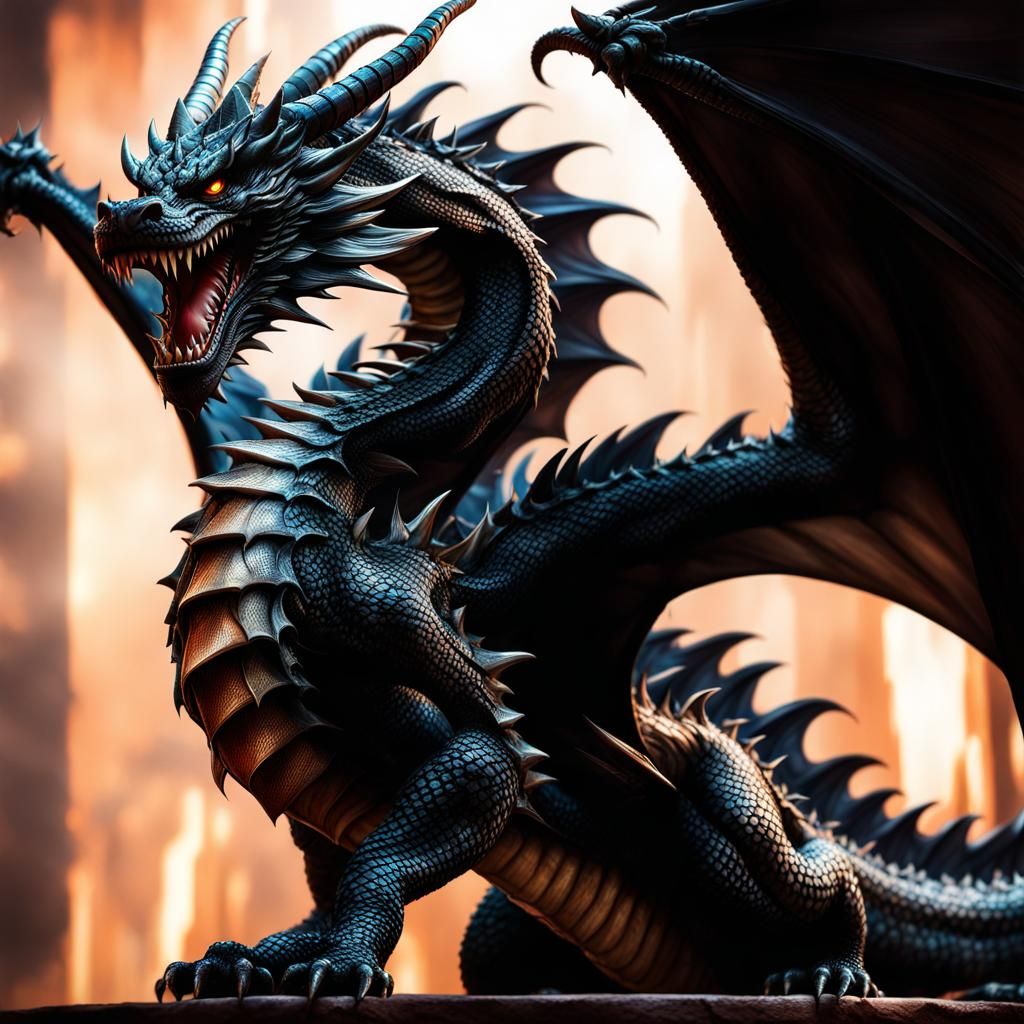 Fissile Black Obsidian Dragon in Hyperrealistic Style