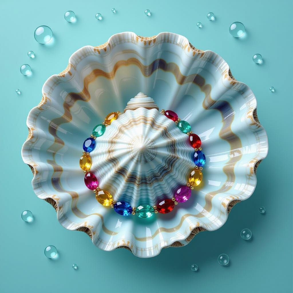 Clam Shell with Gems: Hyperrealistic Charcoal Drawing