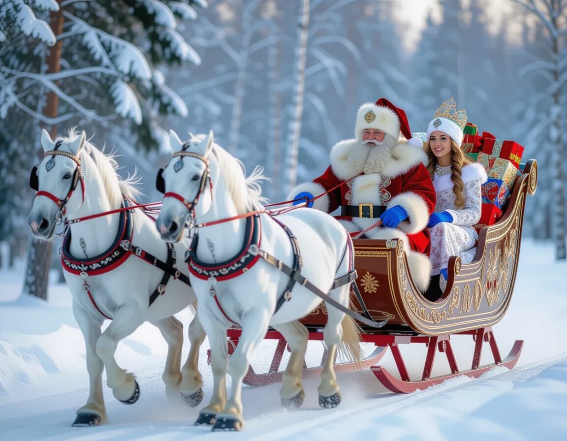 Magical New Year's Troika in Winter Forest