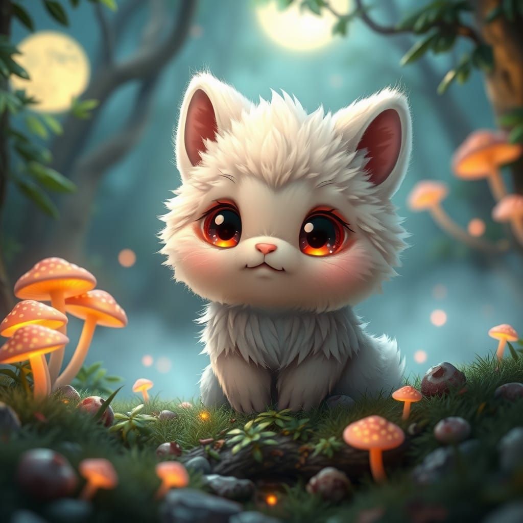 Whimsical Anime Companion in Moonlit Forest