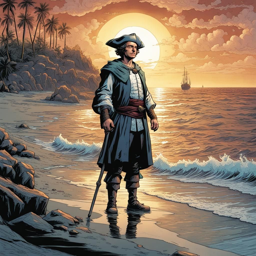 Christopher Columbus standing on a seashore, Mark Brooks and Dan Mumford, comic book art, perfect, smooth