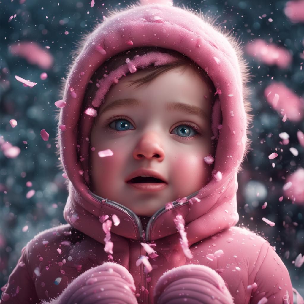 Baby Girl Catches Confetti Snowflakes: Fantasy Art