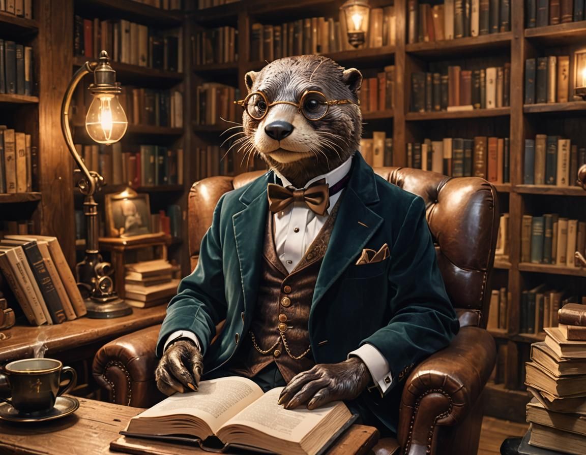 Steampunk Otter Reading in Cozy Library
