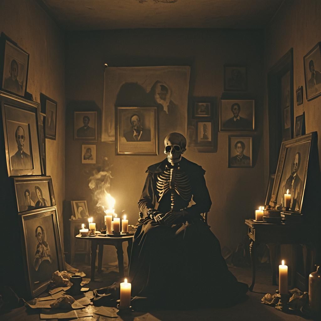 Dramatic Film Still: Shrouded Figure in Candlelight