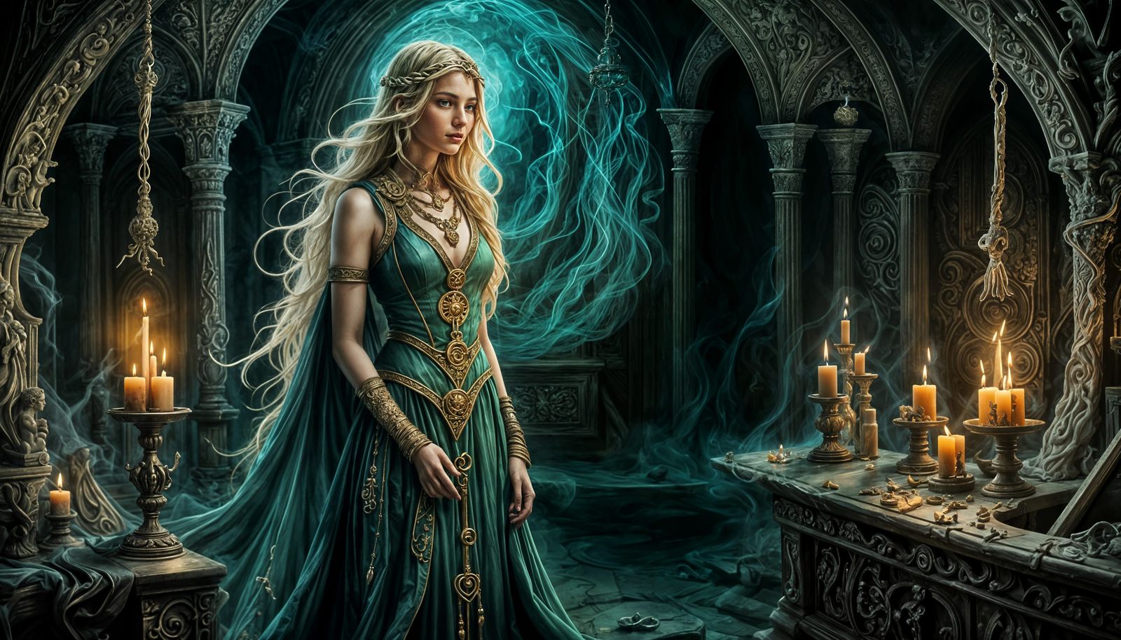 Mystical Sorceress Amidst Arcane Candlelight