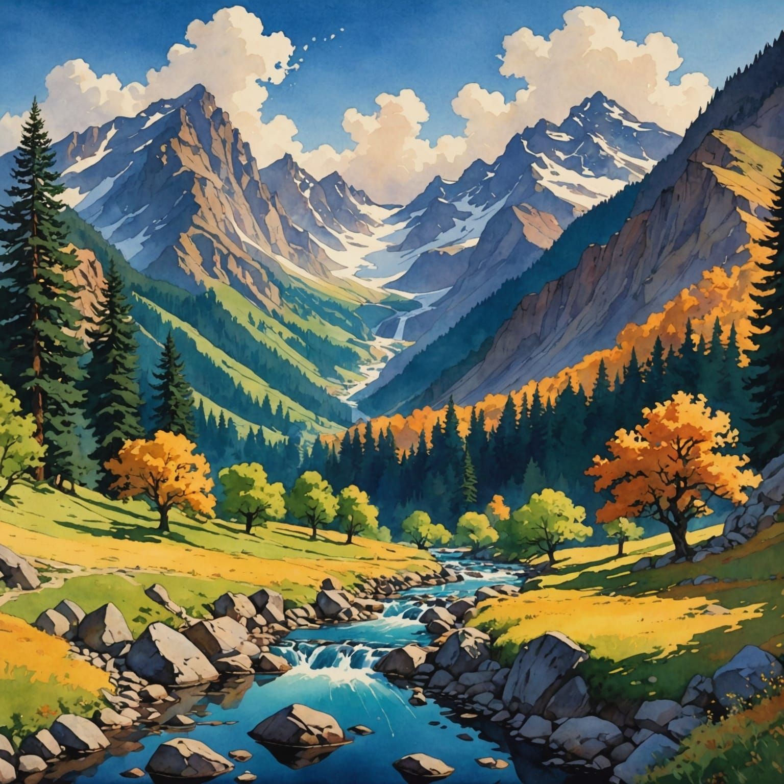 Autumn Stream in Watercolor, Parrish Style