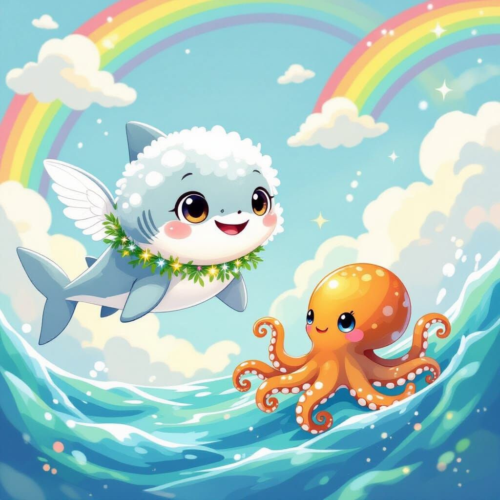 Cloud Shark & Caramel Octopus in Rainbow Sky