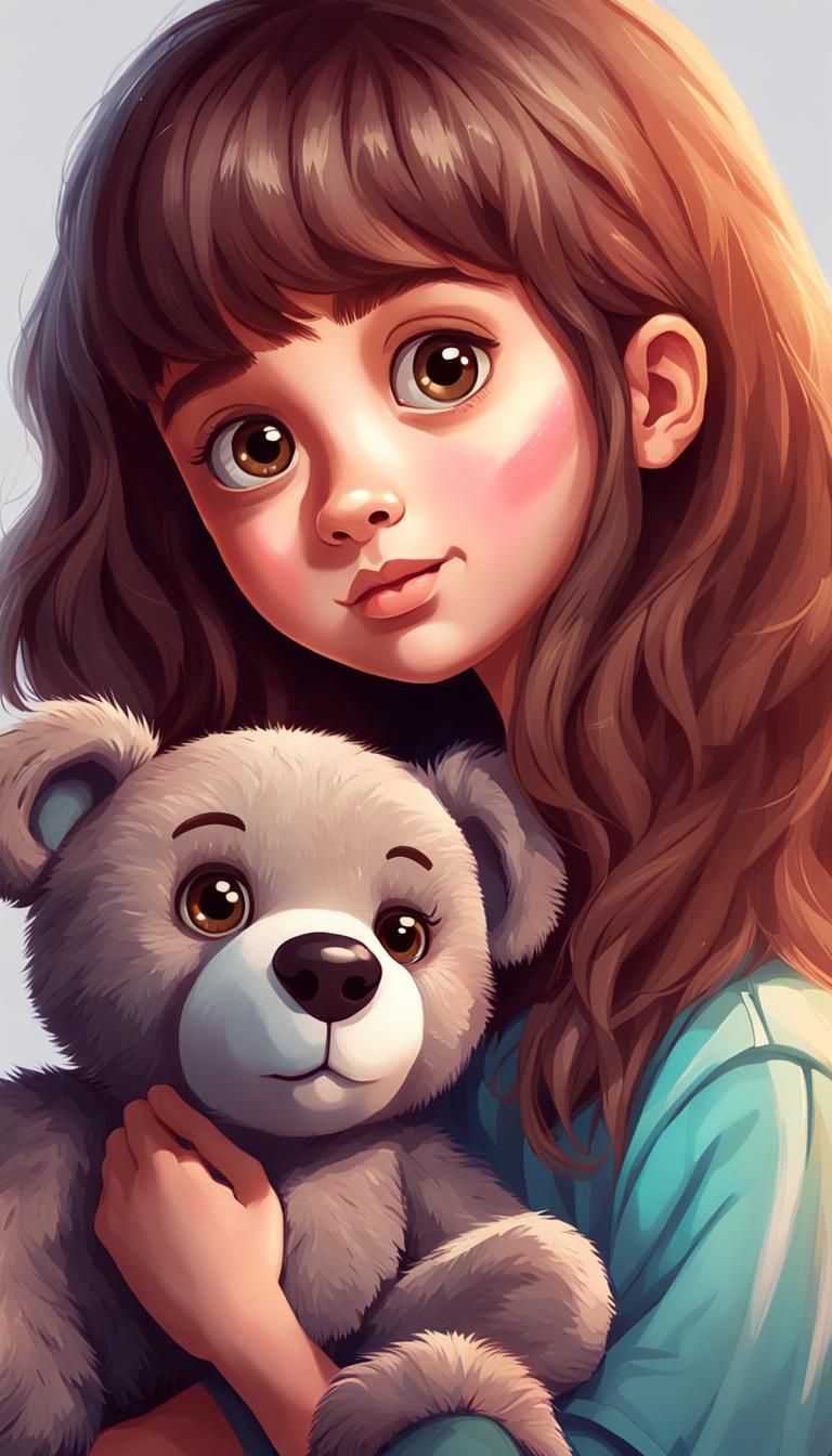 Girl with Teddy Bear: Adorable Cartoon Portrait