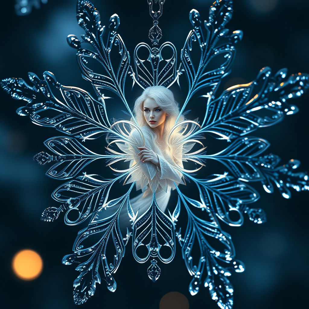 Fairy Woman Reflected in Intricate Snowflake