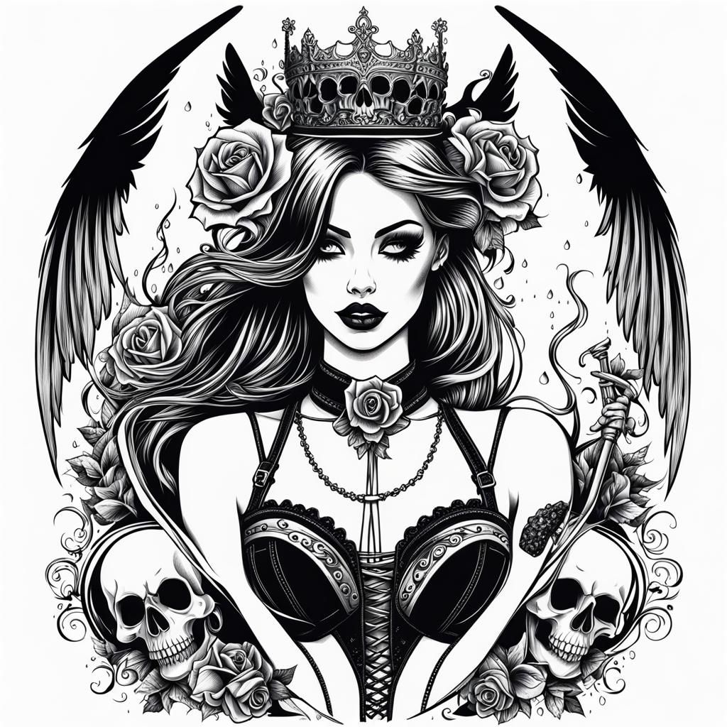Rock and Roll Angel with Tattoos and Skulls
