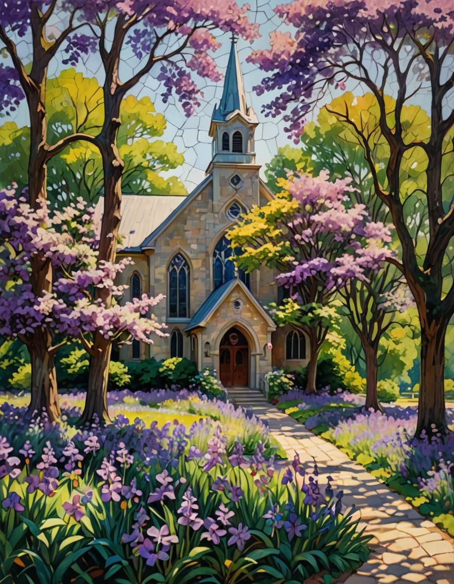 Impressionistic Church with Violet Flower