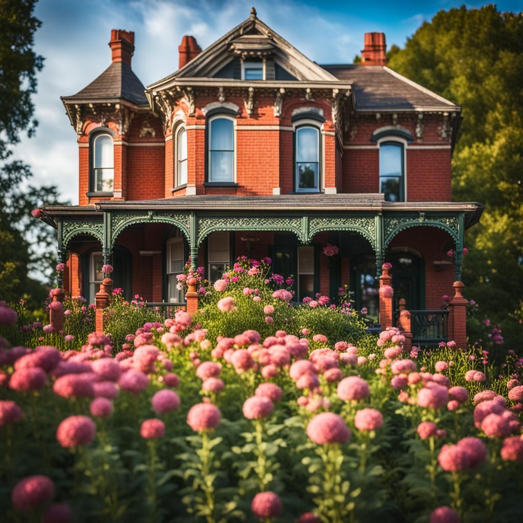Victorian House with Flower Garden in Natural Light