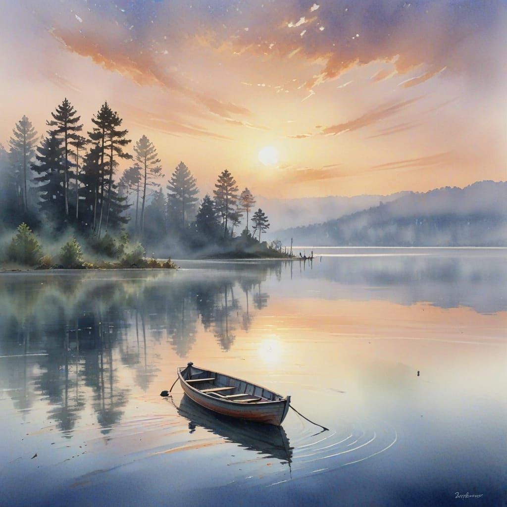 Fisherman on Glassy Lake at Dawn in Watercolor Style