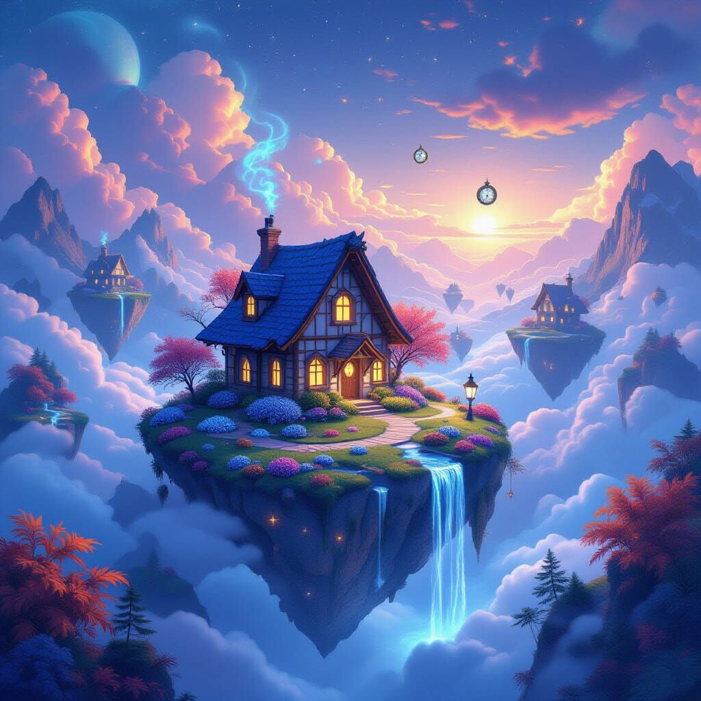 Surreal Infinite Paradise with Glowing Cottage and Cosmic Mi...