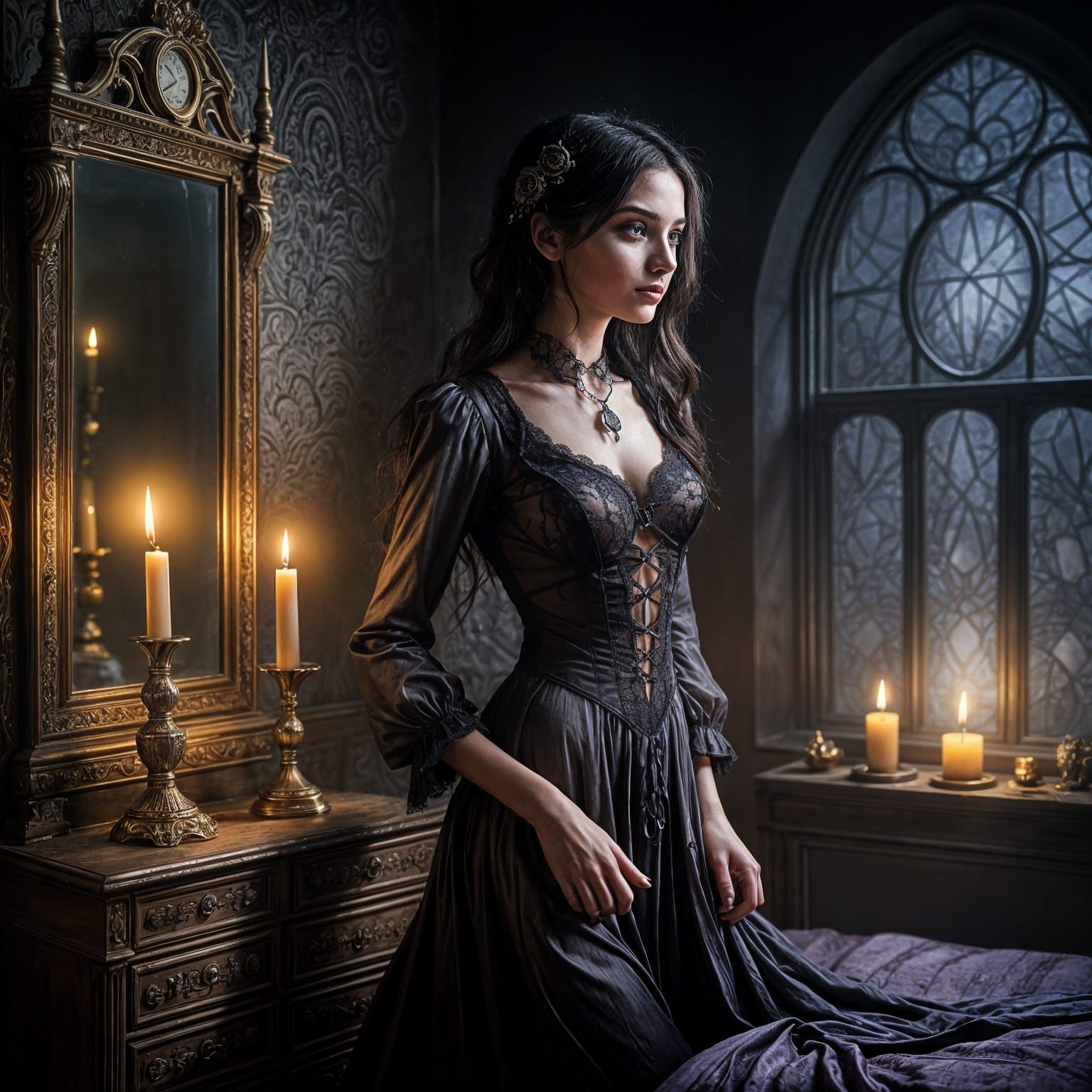 Ethereal Gothic Woman in Candlelit Bedroom