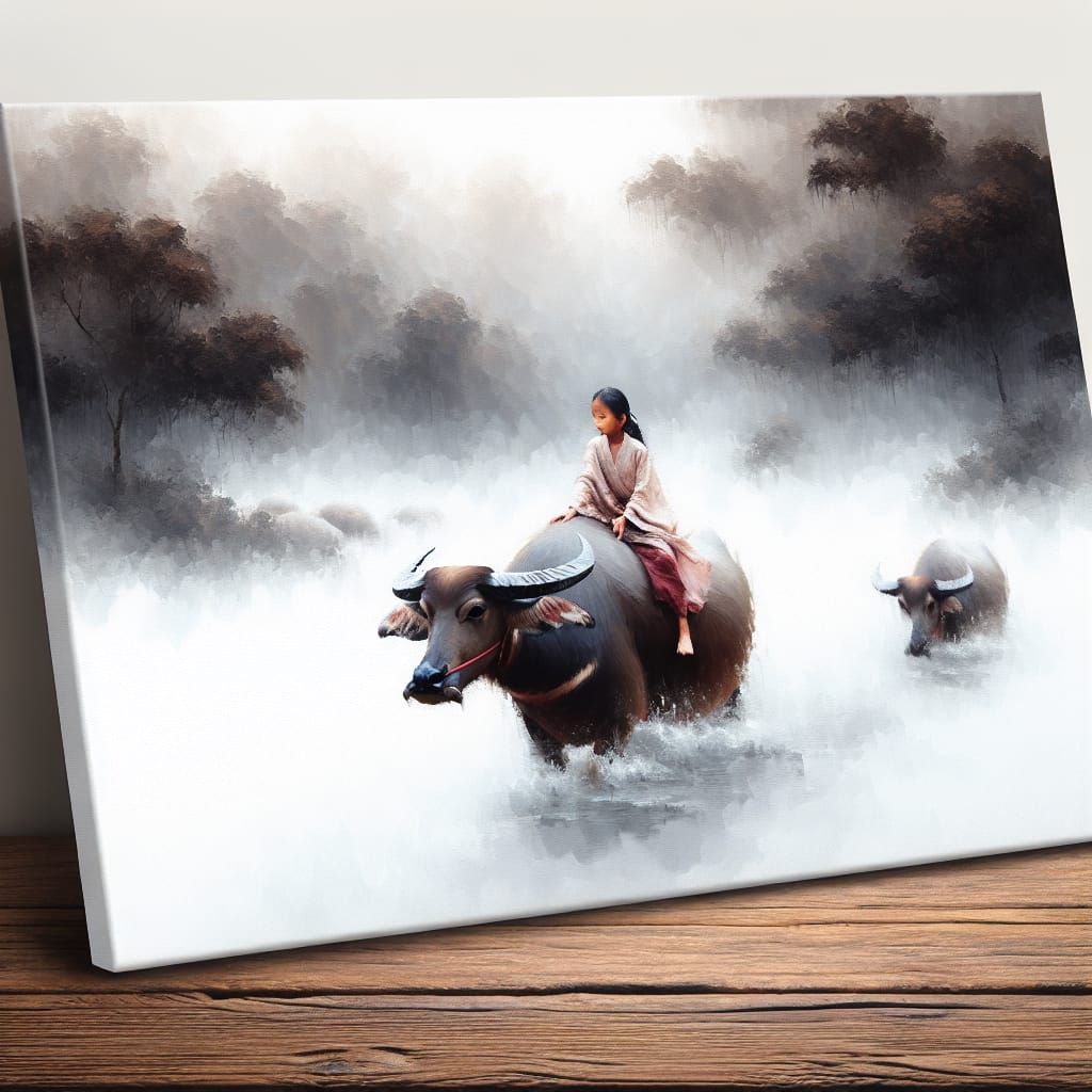 Impasto East Asian Girl on Water Buffalo