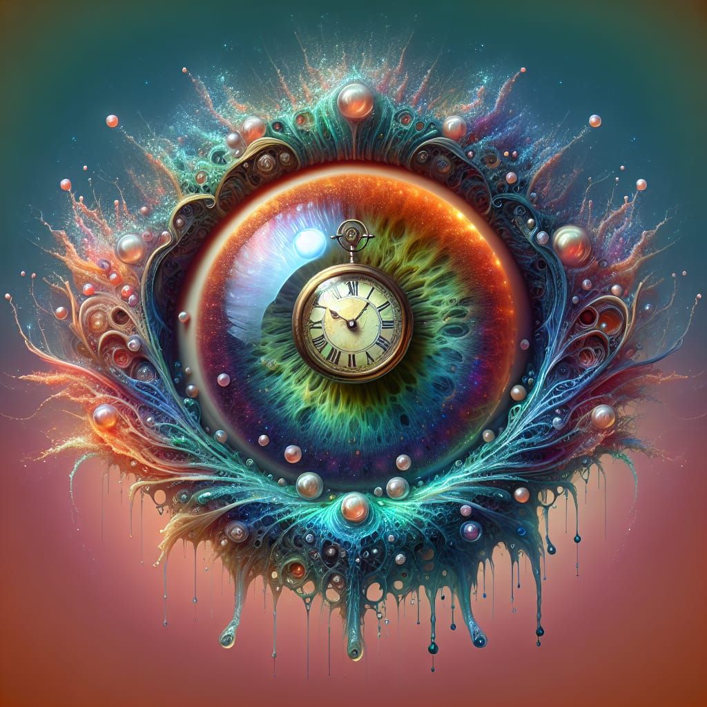 Surreal Iridescent Eyeball with Clock, 8K Art