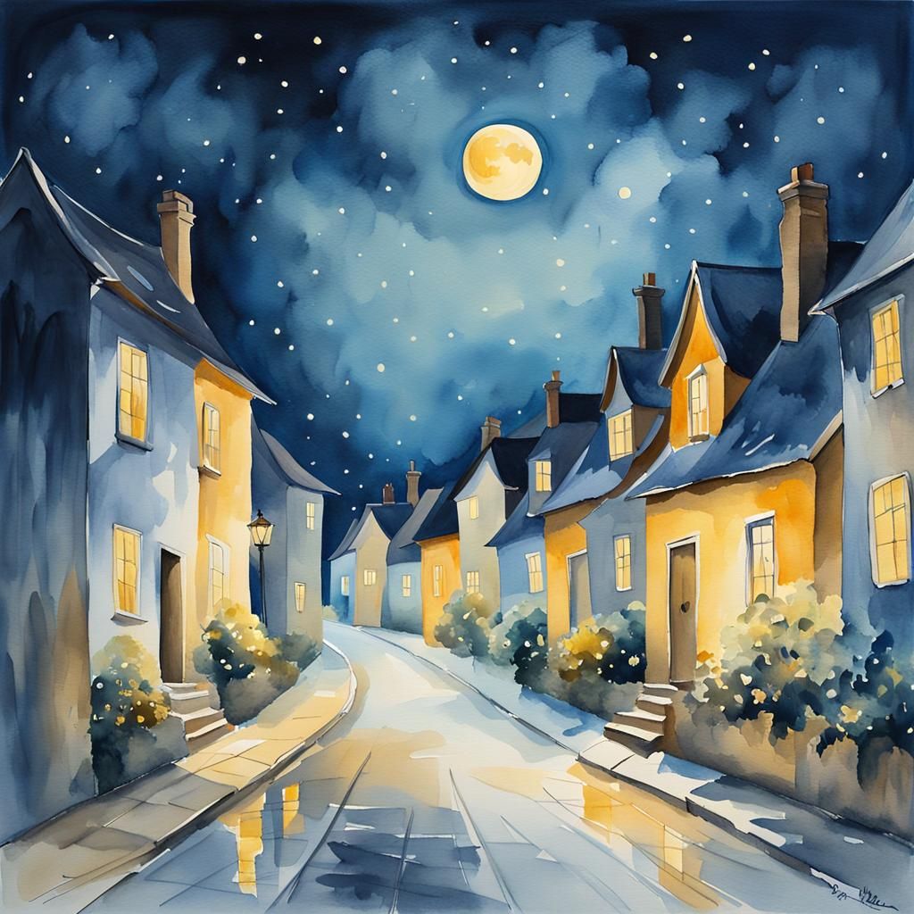 Nighttime Village Street in Watercolor Painting Style