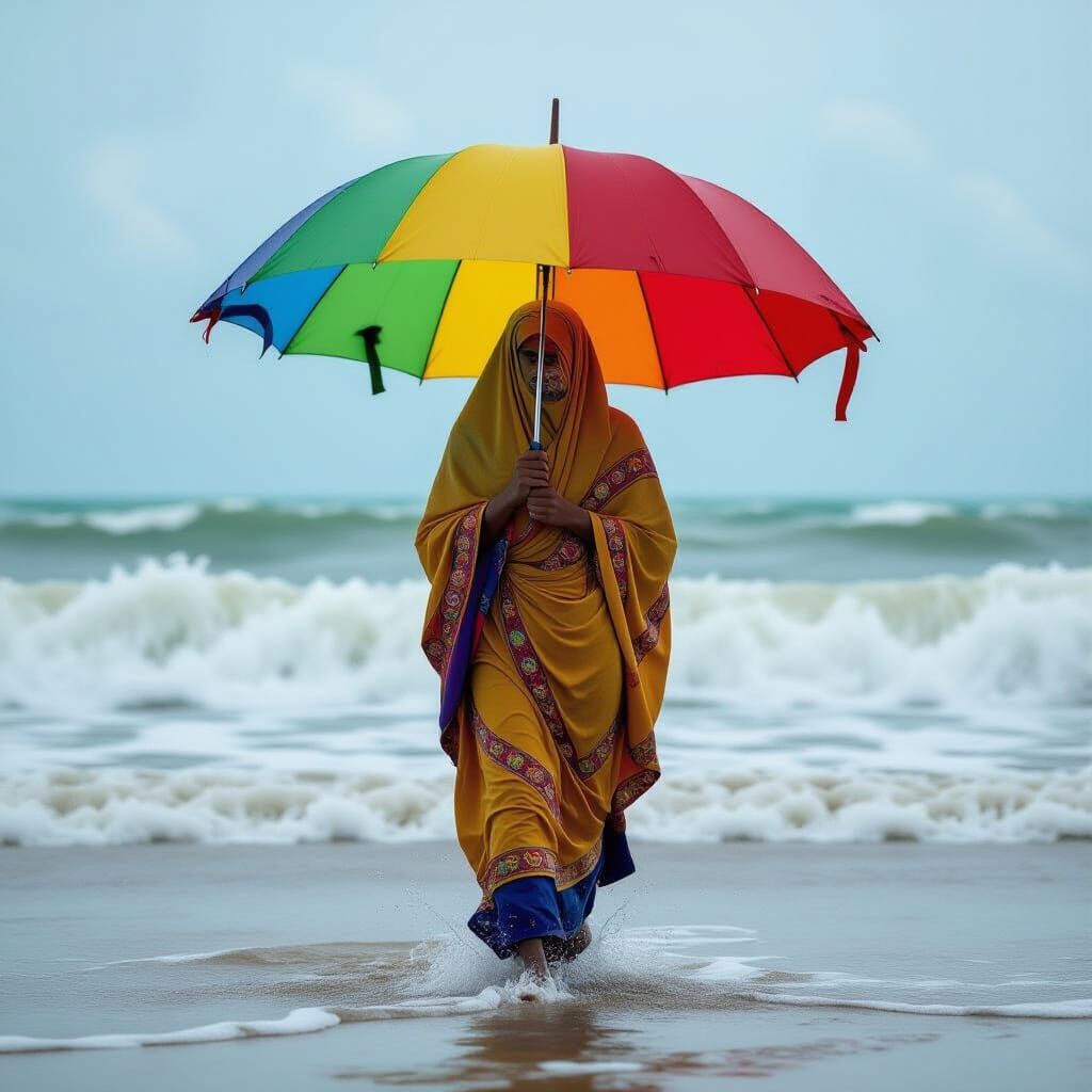 Hyperrealistic Ocean Crossing with Vibrant Umbrella