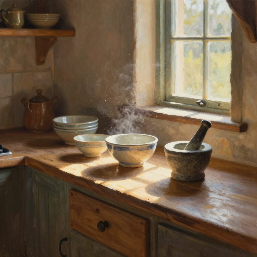 Sunlit Rustic Kitchen in Impressionist Style