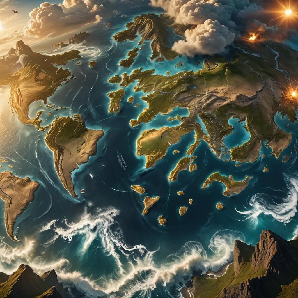 Epic Fantasy Map: Seven Continents in Golden Light