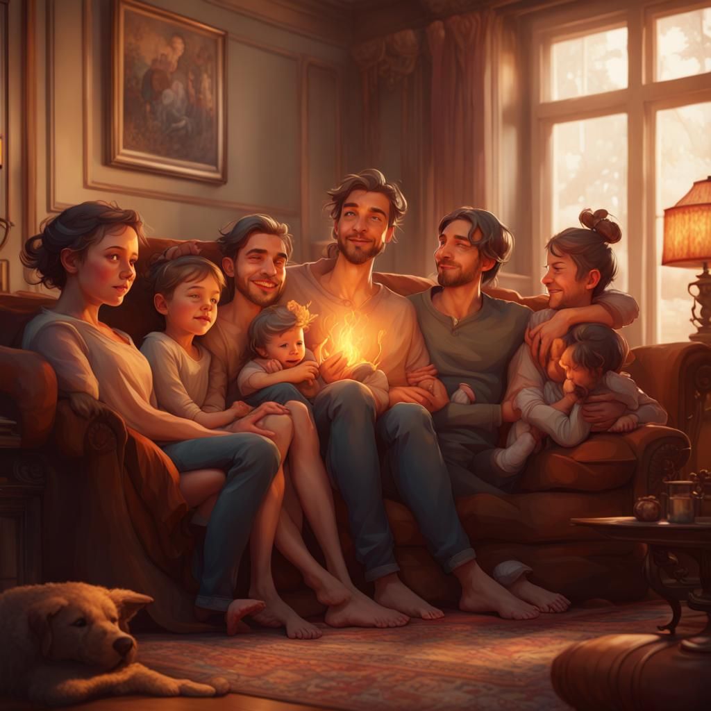 Happy Family Portrait in Warm Living Room