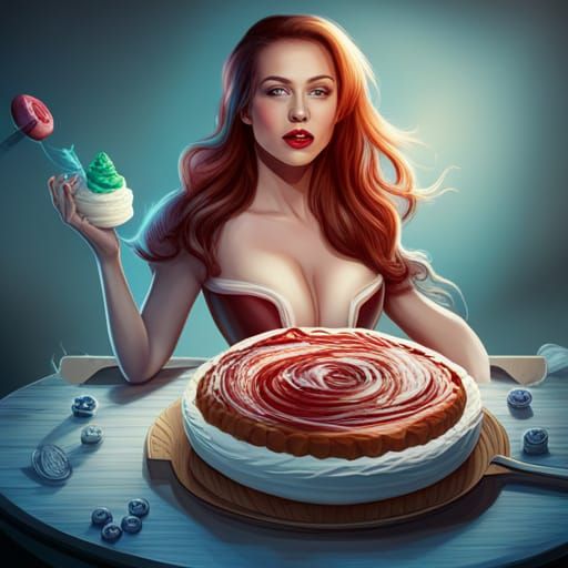 Bakery Pin-Up Girl with Cakes and Candy, Detailed Painting