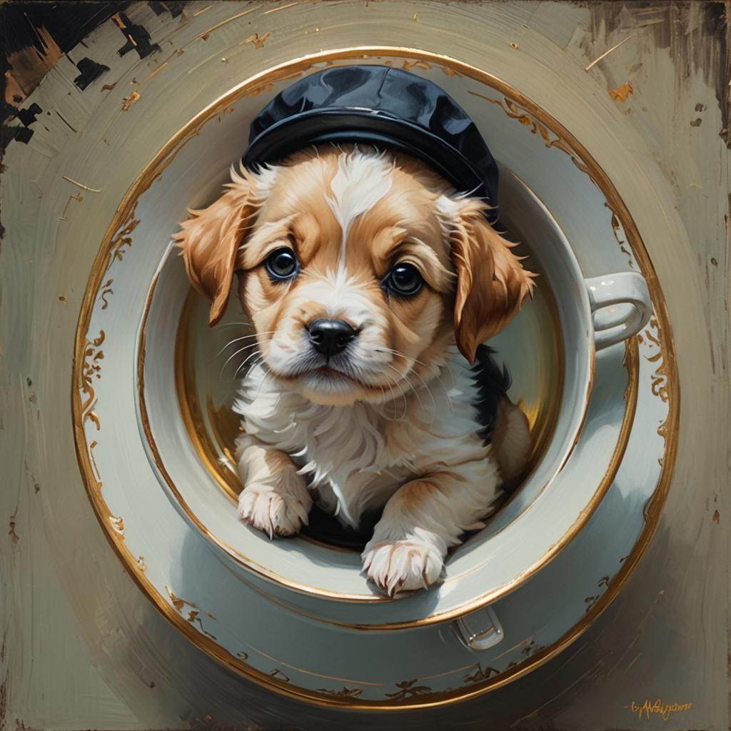 Puppy in Teacup: Majestic Oil Painting by Blinkey