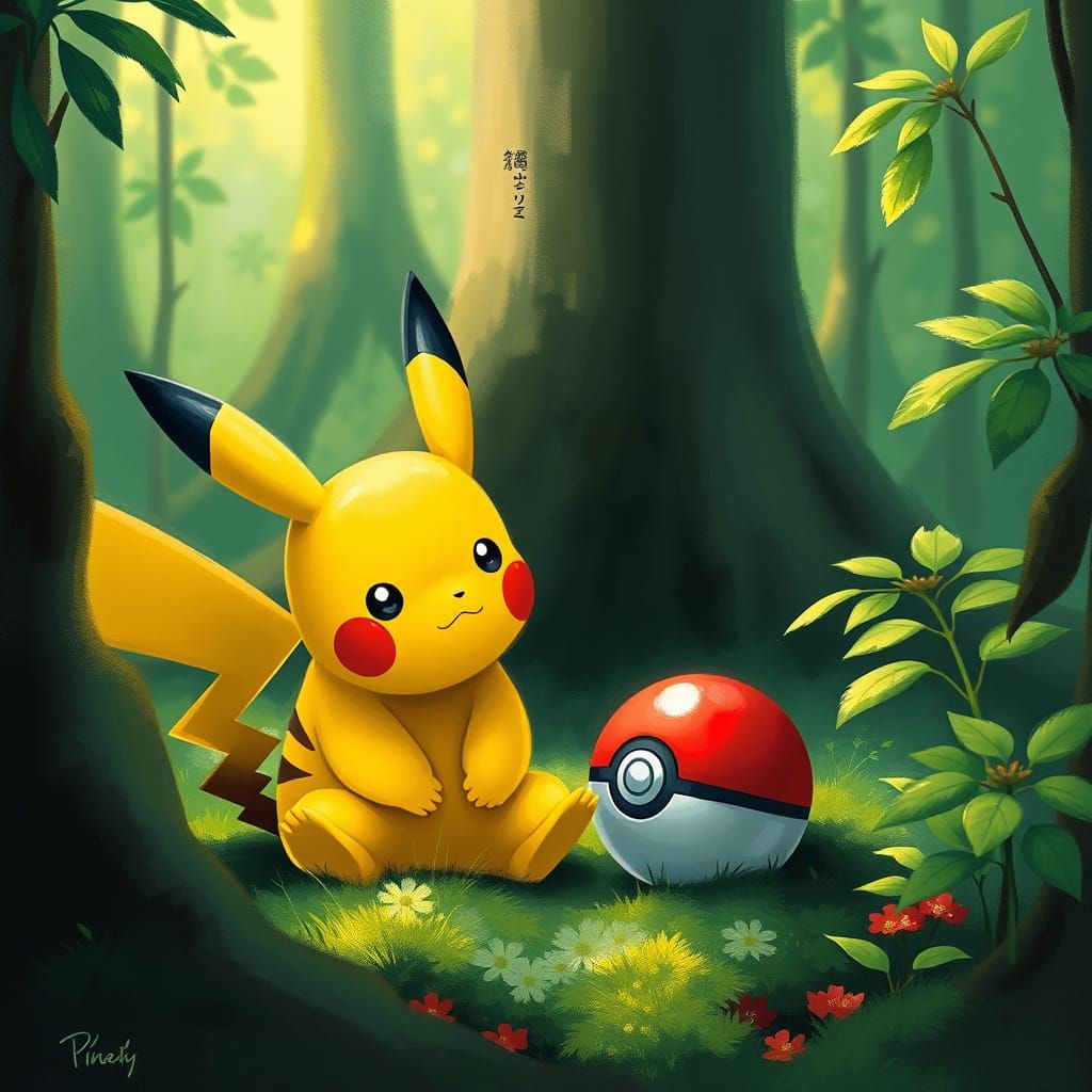 Pikachu in Whimsical Forest Setting