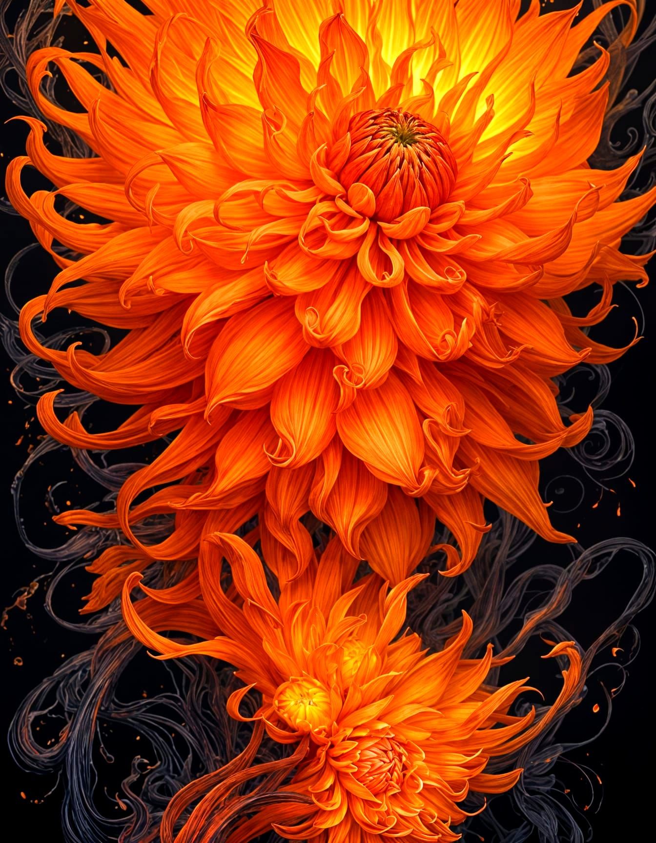 Flaming Dahlias Illustration in Molten Orange