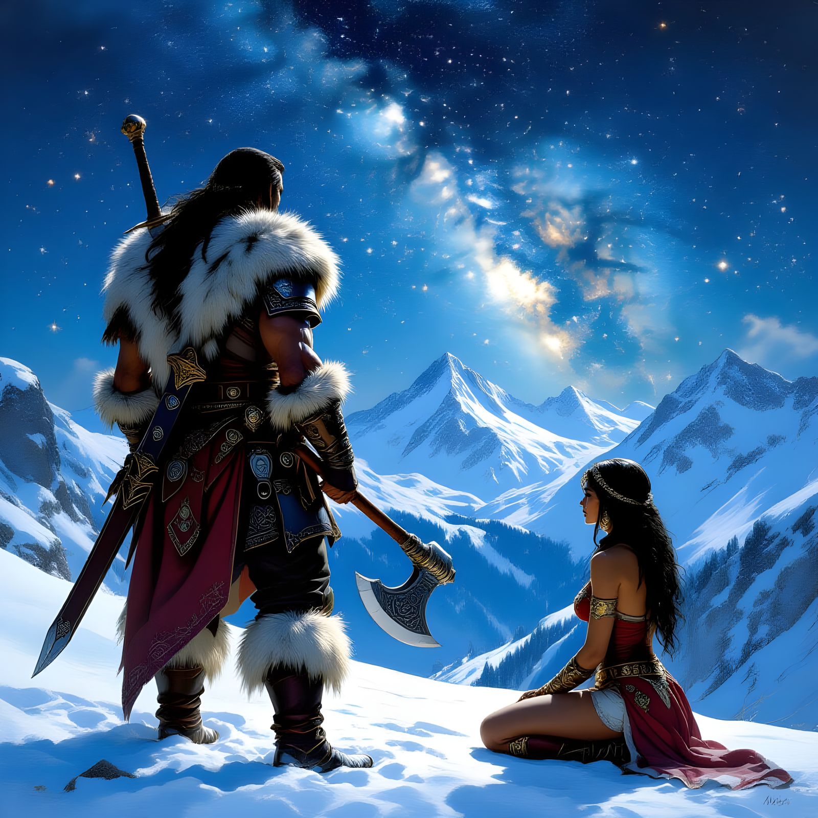 Warrior Gazes at Snowy Alps in Pulp Fantasy Style