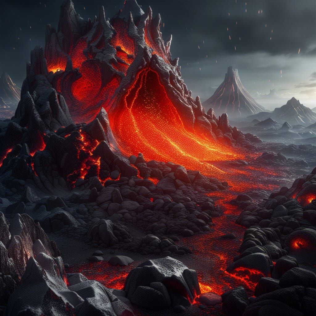 Icy Volcano Erupts Silver Lava: Digital Matte Painting