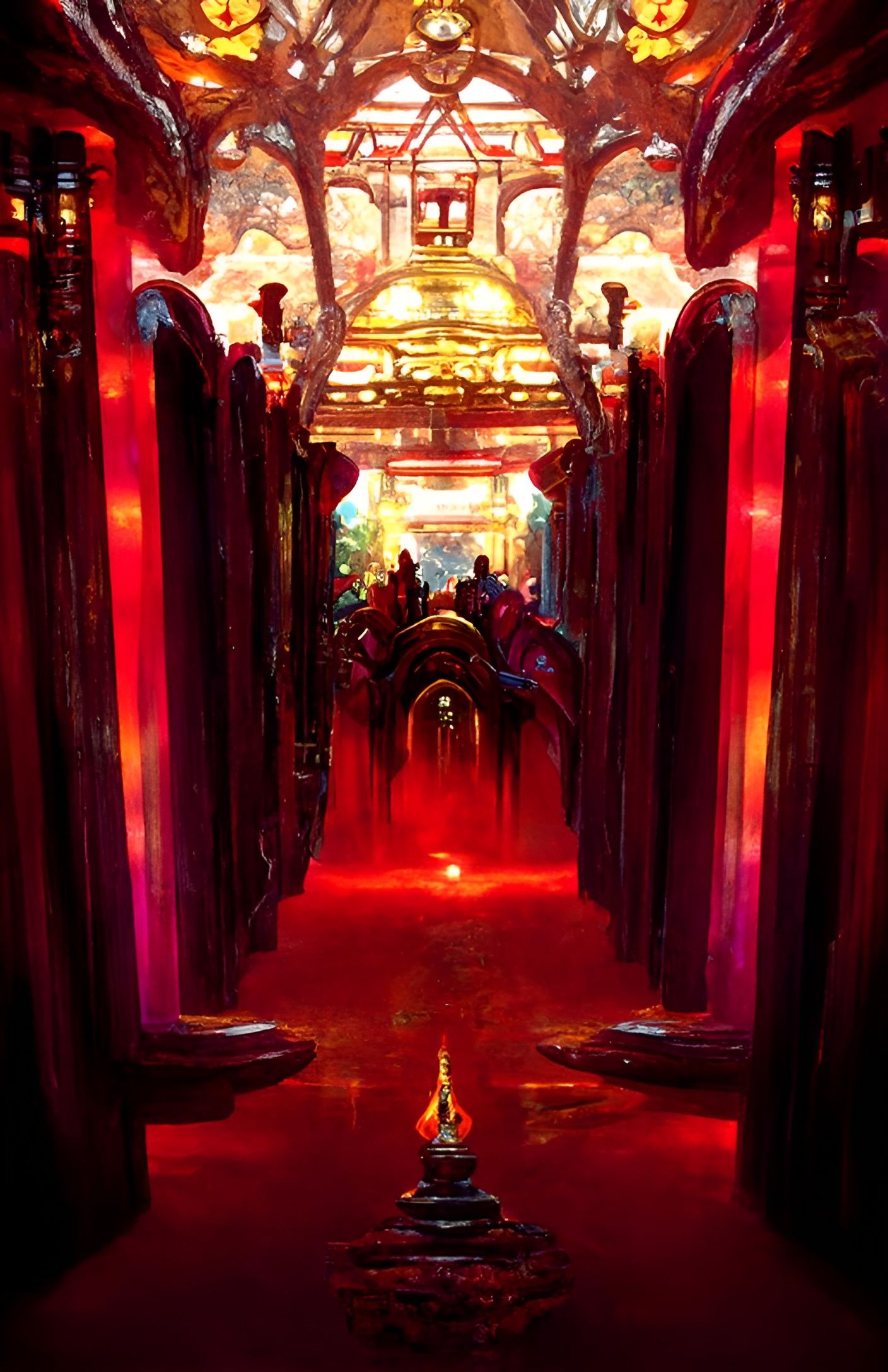 Opulent Ruby and Gold Hallway to a Portal