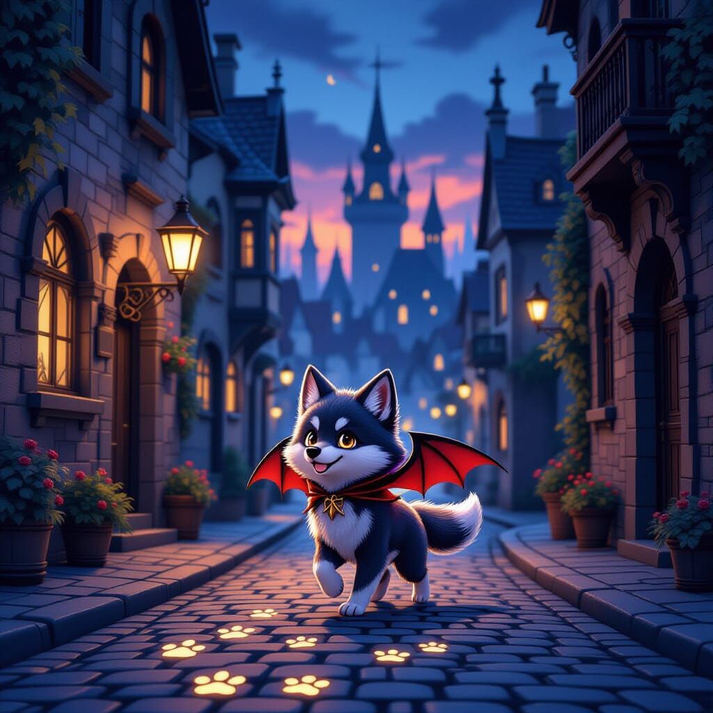 Gothic Cityscape with Fluffy Bat-Wolf Trotting