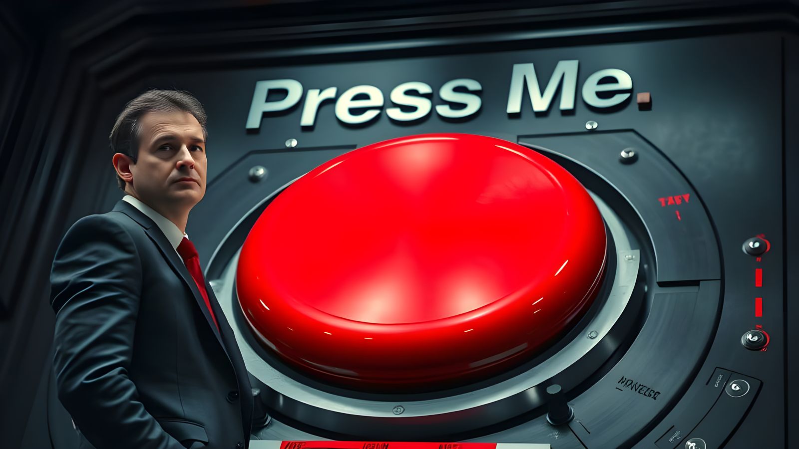 Man Contemplates Giant Red Button with Press Me Label