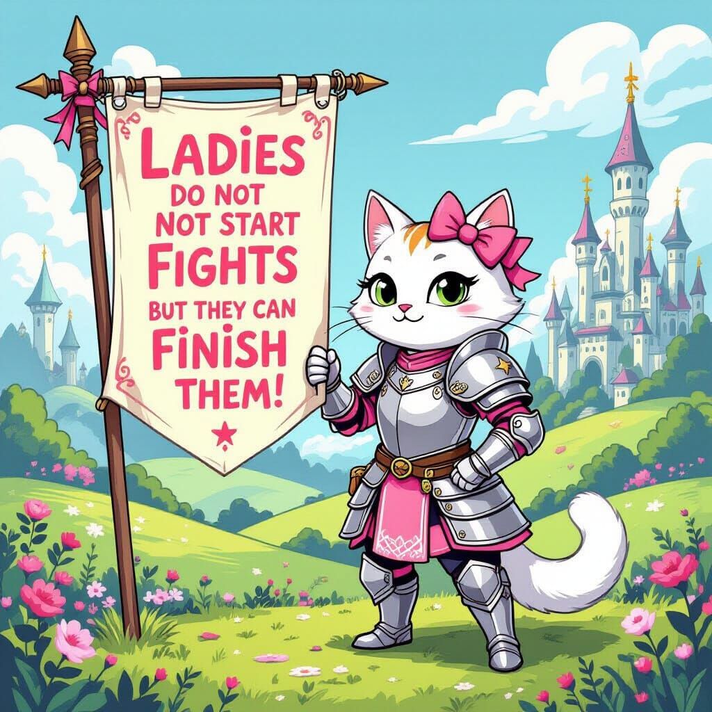Marie the Armored Cat Cartoon in Fantasy Landscape