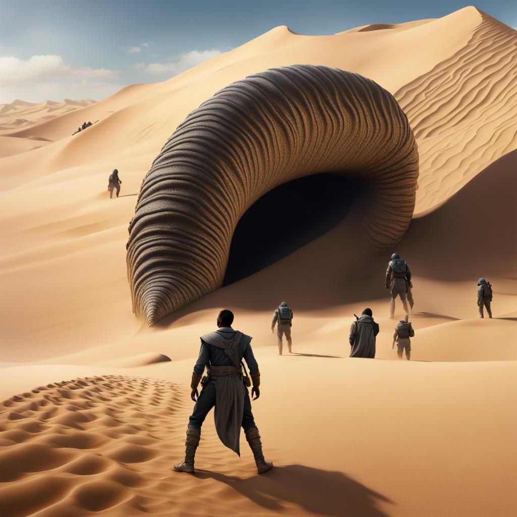 Paul Atreides and Sandworm in Matte Painting Style