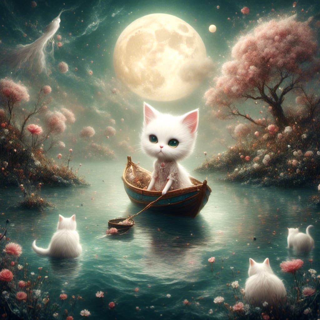 Cute Cat and Girl in Boat: Fantasy Art