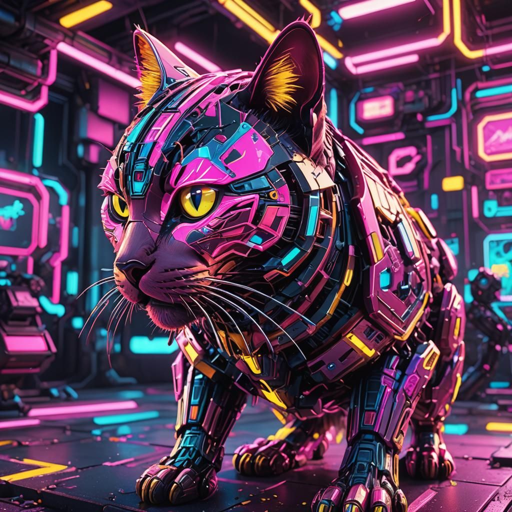 Psychedelic Neon Mech Cat in Synthwave Style