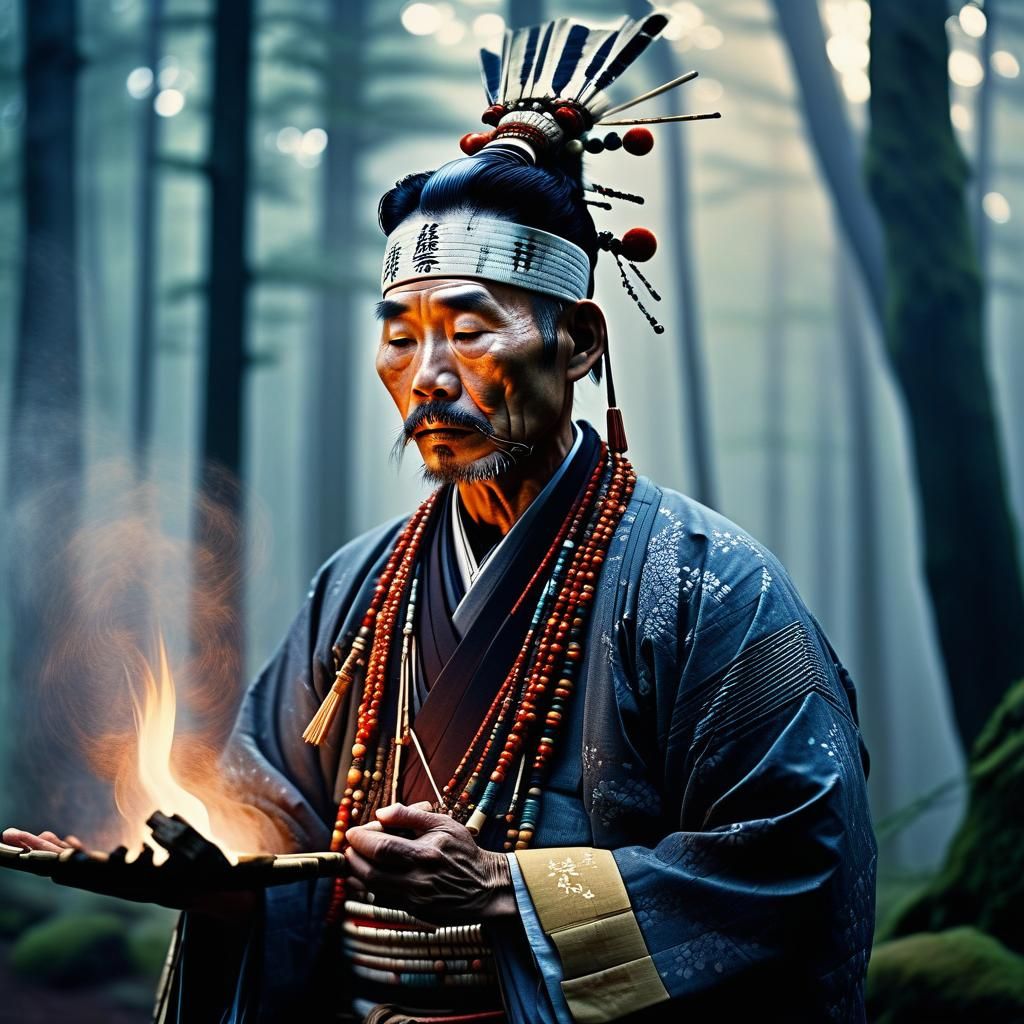 Japanese Shaman Ritual in Misty Forest