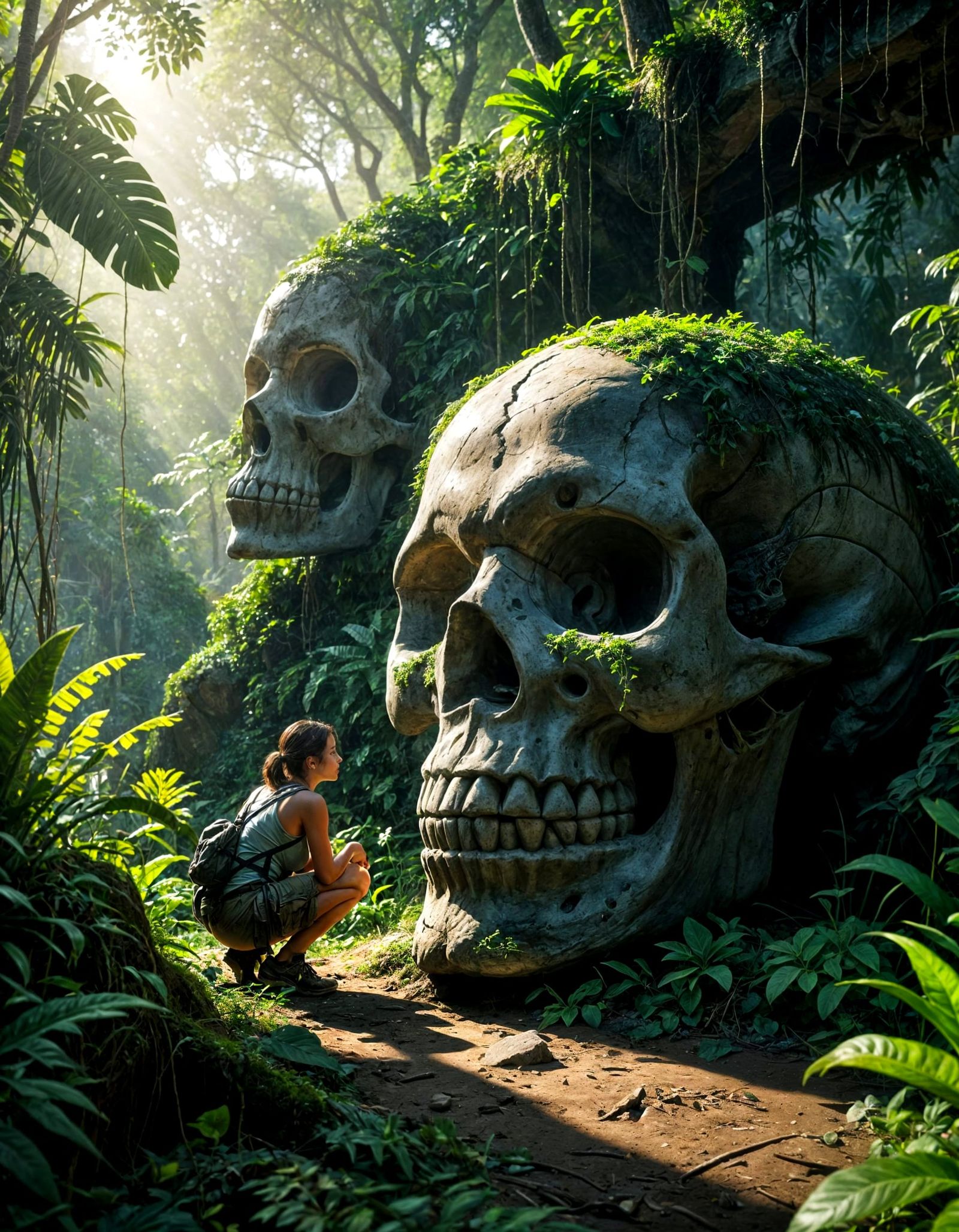 Adventurer Studies Ancient Skull Stone in Jungle