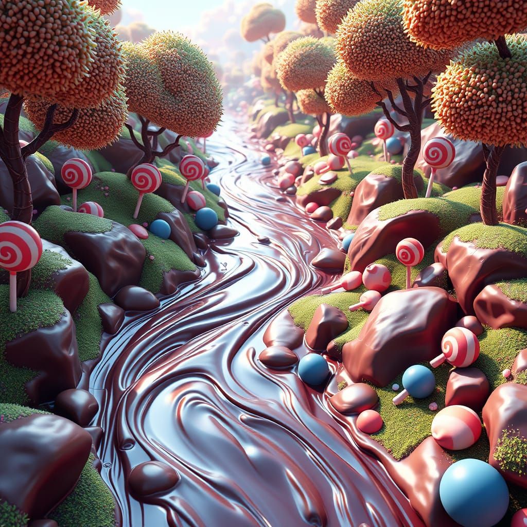 Chocolate River Flows Through Candyland in Digital Art