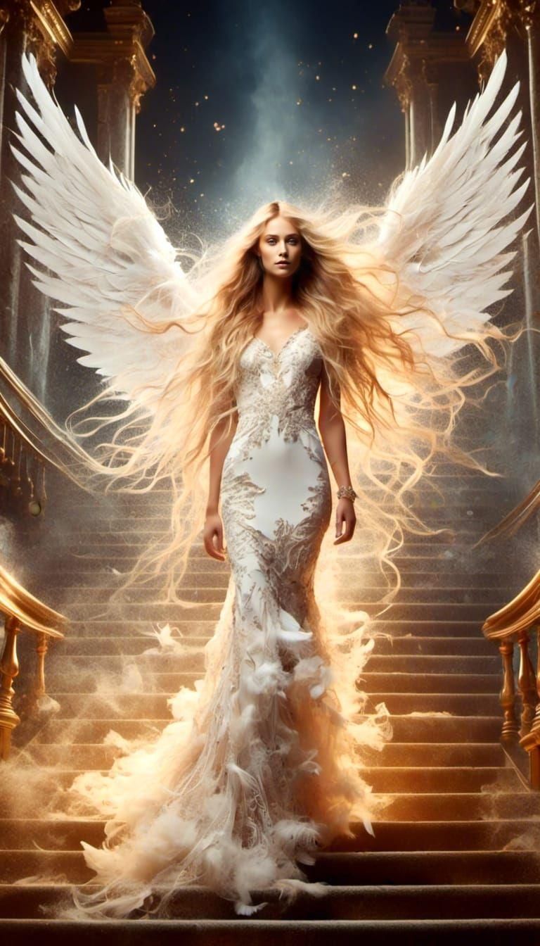 <lora:Fragmentation 3:1.0> an Angel with long blonde wavy hair and huge pretty white featherd wings standing on a golden...