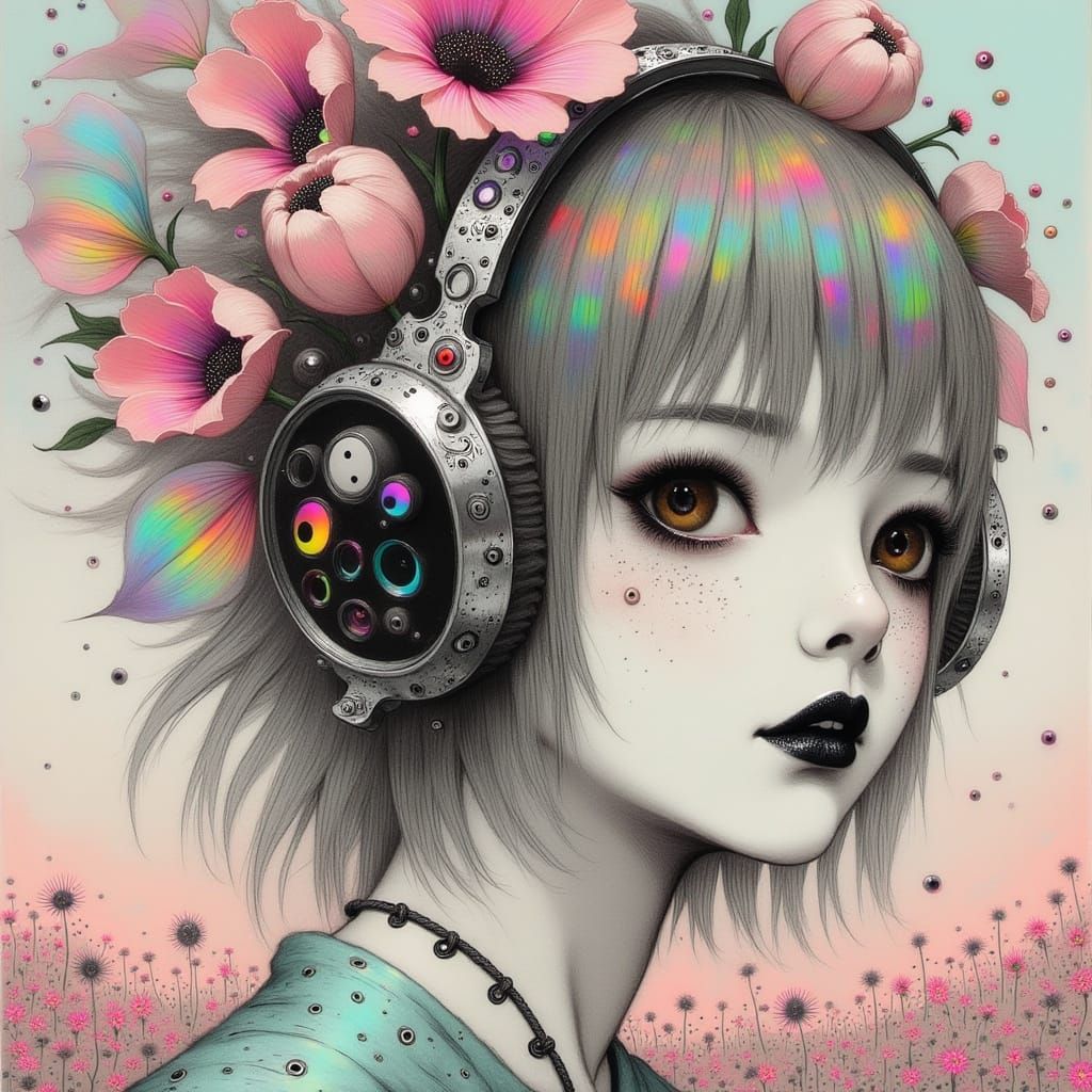 Serene Anime Woman Wears Cyberpunk Headphones in Whimsical F...