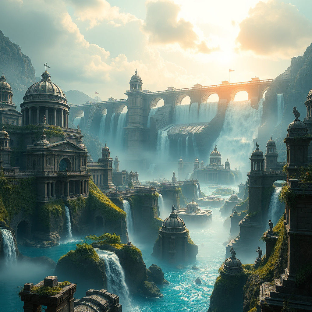 Submerged Ancient City with Waterfalls, Fantasy Concept Art